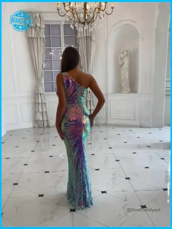 Holographic Sequin Formal Dress Stretch Maxi Prom Evening Gown Elegant - Picture 7 of 7